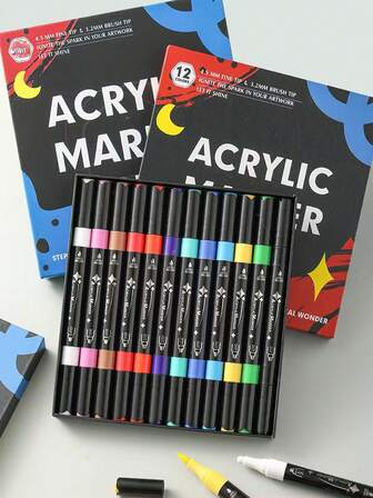 12支双头丙烯马克笔，适用于学校教学、绘画、涂鸦、叠色，软头