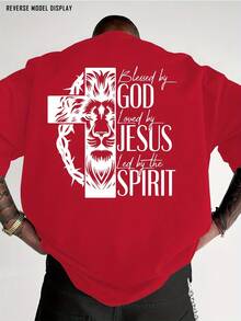 Men's Christian Religious Pattern T-Shirt - Bold Print On Back "God Bless - Jesus Praises - Holy Spirit Loves", Red Crew Neck Shirt, Suitable For Church, Casual Outfits, Machine Washable Gift, Street Fashion, Lion Face Design, Breathable Fabric, Comfortable Fit, Faith Clothing, Lightweight Short Sleeve Top, Street Style Enthusiasts - Unisex Plus Size Top - 紅色 - 查看 1