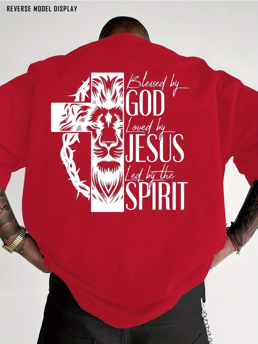 Men's Christian Religious Pattern T-Shirt - Bold Print On Back "God Bless - Jesus Praises - Holy Spirit Loves", Red Crew Neck Shirt, Suitable For Church, Casual Outfits, Machine Washable Gift, Street Fashion, Lion Face Design, Breathable Fabric, Comfortable Fit, Faith Clothing, Lightweight Short Sleeve Top, Street Style Enthusiasts - Unisex Plus Size Top - 紅色 - 查看 1