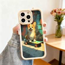 Cubierta de teléfono con borde protector color gris oscuro con estampado de perro corgi sobre patineta en estilo urbano para uso diario y viajes - Negro - Ver 3