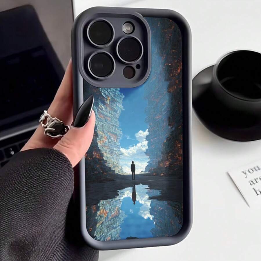 Cubierta de teléfono con borde protector color gris oscuro diseño de paisaje místico con persona solitaria en camino reflejado en agua cielo azul nubes y árboles otoñales ideal para uso diario y protección contra golpes - Café integral - Ver 1