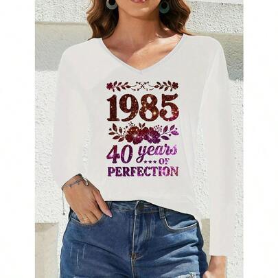 Women's V-Neck Long Sleeve T-Shirt - 95% /5% Elastane, V-Neck Button-Free Collar, Casual & y Blouse for Spring/Fall Layering, Standard Size B5 (Bust/Length/Length), Machine Washable Opaque Top - Easy-Care Casual Attire, 2D Flat