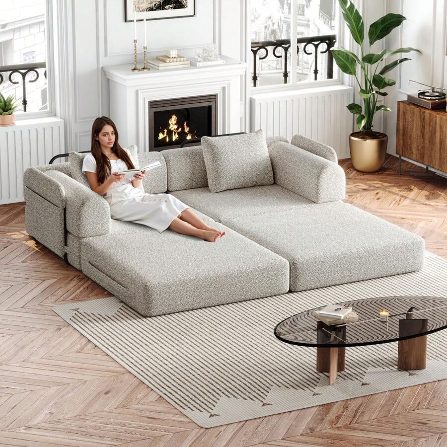 Chenille 2-In-1 Sofa Bed With Armrest Storage Pocket, Three Metal Frames And Multiple Configuration Options - Khaki + Chenille + 2 Seat - View 1