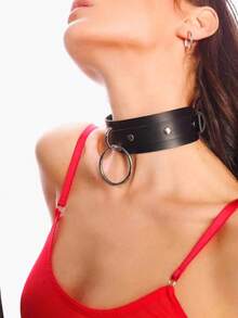 1PC PU Leather Choker Necklace With Round Ring, Women Punk Collar, Choker Dark Goth, Adjustable Fashion Street Style Cool Choker - Multicolor - View 3