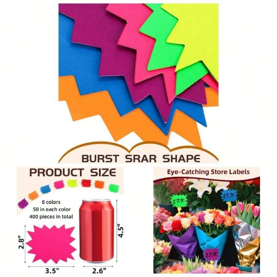 400 Pieces Burst Signs, 3.5x 2.8 Inch Small Fluorescent Neon Signs With 8 Bright Colors, Blank Price Tags, Paper Sign Cards Retail Store Yard Garage Poster Board Decorations - Red, Rose Red, Yellow, Blue, Orrange, Saffron, Green, Purple - View 1