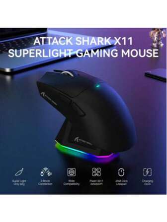 Ratón inalámbrico para juegos ATTACK SHARK X11 con base de carga RGB, modo triple - 2.4G/USB-C con cable/BT, 22K DPI, sensor óptico PAW3311, interruptor HUYU, 5 botones programables para PC/Regalo de Navidad / Regalo de Año Nuevo 2026 / Decoración navideña / Edición navideña para niños / Regalo para la familia / Fin de año