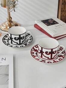 Cabin Kangaroo 一套时尚陶瓷茶杯碟套装 - 艺术几何图案，优雅的黑红设计，适合咖啡和茶爱好者 | 独特的家居装饰，也是送给亲戚/家人/朋友/老师和学生的完美礼物 - 彩色 - 查看 4