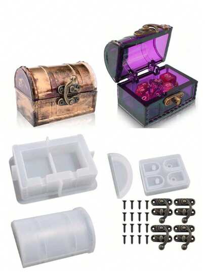 Resin Treasure Storage Box Mold Set, Silicone Vintage Transparent Pirate Treasure Storage Box, Jewelry Box Dice Storage Box Mold, Suitable For Epoxy Resin, With Lid, Lock And Screws, Home Decor, Christmas, Halloween Gifts. Jewelry Storage Box, Creative Gift, Home Furnishing Atmosphere Decoration