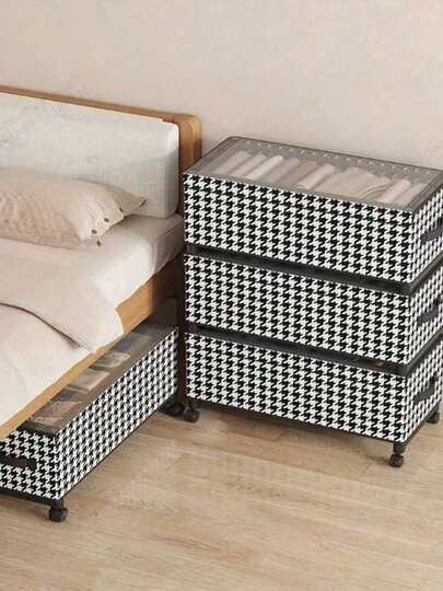 1pc Wheeled Under Bed Storage Box Transparent Dust-Proof Lid Home Clothes Organization Ideal For Dorm Rooms And Small Apartments, Space-Saving Rolling Container With Clear View Window, Lightweight Construction For Seasonal Wardrobe, Shoes, Accessories, And Lingerie, Easy Access Portable Utility For Closet Optimization Keeps Clutter Out Of Sight While Maintaining Quick Grab-And-Go Organization, Compatible With Garment Racks, Suitcases, And Shelves, Enhances Room Aesthetics With A Tidy Transparent Lid, Anti-Dust Design, Sturdy Wheels For Smooth Movement, And A Compact Footprint That Maximizes Storage Capacity In Tight Spaces