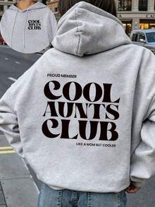 Plus Size Women's Daily "Proud Member Cool Aunts Club Like A Mom But Cooler" Text Pattern Sweatshirt Hooded Long Sleeves Casual Spring/Summer/Fall Women's Plus-Size Long-Sleeved Sweatshirt Halloween Going Out Tops Women, Vacation Outfits Women - Light Grey - View 2