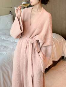 1Pc Women's Bathrobe, , Winter Robe,Kimono Robe, House Robe,Sleepwear,Minimalist European Style Long Sleeve, Spring,Autumn, Petite To Plus Size, Lightweight Solid Color Loungewear,Bathroom, Back To School - Multicolor - View 7