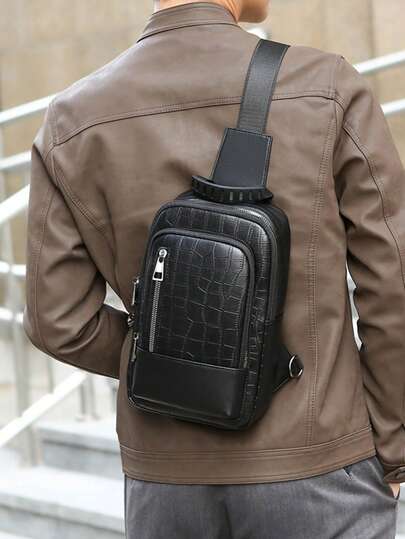 Men's Checkerboard Chest Bag, Business Commute Work Organizer Bag, Fashionable Retro One Shoulder Messenger Bag, Casual Business One Shoulder Bag, Convenient Travel Small Crossbody Bag