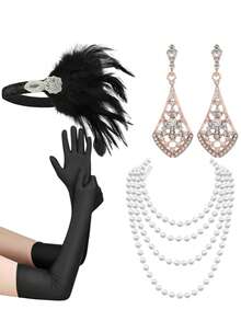 4件套D EXCEED 1920年代复古女郎配饰，适合女性，咆哮的二十年代派对配饰，复古女郎服装套装包括头饰、耳环、手套、项链 - 彩色 - 查看 9