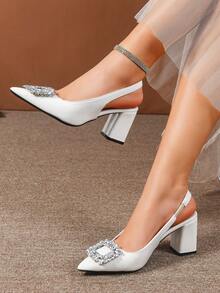 1 Pair Elegant Fashion Open Heel High Heel Sandals, Rhinestone Buckle Stylish White And Black Ladies' Commuter High Heel Pumps, Wedding Party Event High Heel Sandals - White - View 3