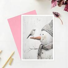 1张冬季主题雪人和鸟儿卡片，雪人圣诞卡片，独特圣诞卡片，圣诞礼物，送给特别的人的圣诞礼物 - 彩色 - 查看 9