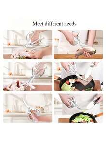 1pc Silver Multifunctional Kitchen Scissors - Includes Ivory Food Tongs, Stainless Steel Poultry Shears, Kitchen Gadget, Kitchen Accessory, Essential For Home And Camping, Suitable For Cutting Steak, Chicken, Vegetables And Grilling