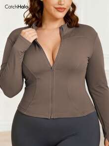 Plus Size Slim Fit Lightweight Yoga Jacket With Thumb Holes And Funnel Neck, Suitable For Gym, Running, Cycling And Everyday Wear