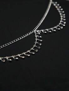 1pc Women Minimalist Rhinestone Chain Waist Chain, Multi-Layer Diamante Body Chain With Tassel - Silver - View 4