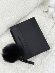 SOUTHLAND&KANGAROO This Foldable Small Wallet With A Pom-Pom Charm And Black Letter Details Is Lightweight And Portable, Suitable For Credit Cards, Keys, And Other Items. It Is Fashionable And Cute, Making It A Great Gift For Birthdays, Christmas, Anniversaries, And Suitable For Women, Girls, Ladies, Business Professionals, Students, Dorm Supplies, And Back-To-School Essentials. - Black - View 4
