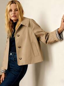 Women's Spring Autumn Casual Jacket Flip Collar Button Down Long Sleeve Jacket Suitable For Multiple Occasions - Màu Khaki - Xem 1