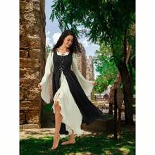 Women's Peasant Overdress With Adjustable Laces Pockets, Renaissance Corset Dress Halloween, Medieval Festival - 黑色+大號 - 查看 7