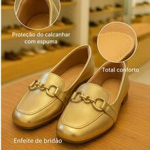 Women's Square Toe Loafer With Chain Detail, Comfortable Casual Style - 金色 - 查看 2