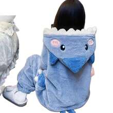 女士法兰绒连体衣，加厚鲨鱼连帽长款毛绒保暖卡通套装，可爱有趣的卡通鲨鱼连帽保暖外套，适合作为生日、万圣节、圣诞节、新年礼物，长袍可作毯子穿着，秋冬季 - 彩色 - 查看 5