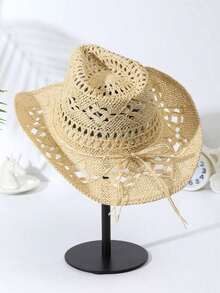 1pc Rope Decor Solid Hollow Out Straw Hat, Casual Colorblocked Windproof Cowgirl Hat, Beach Hat Outdoor - Beige - View 2