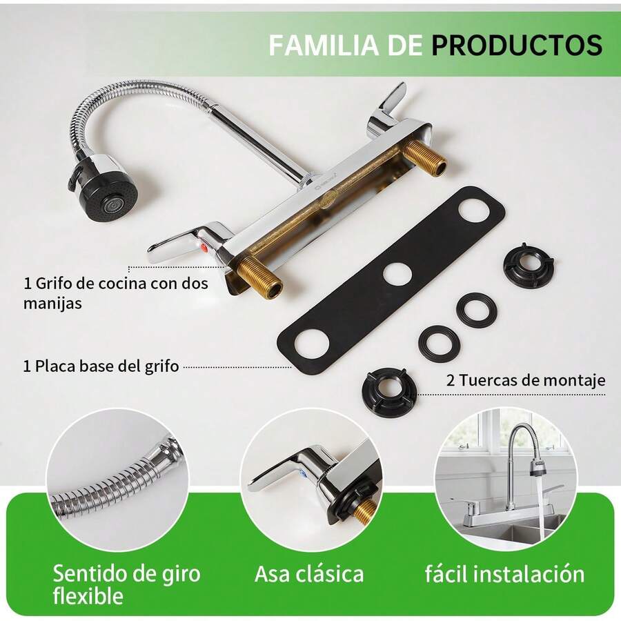 Mezcladora para Fregadero, Llave para Fregadero de Cocina Flexible, Grifos para Cocina, Grifo de Cocina con Dos Asas, Grifo de Cuerpo Principal de Latón, Acabado Cromo Espejo, SP-80082 - Cromo Espejo - Ver 1