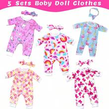 5件套娃娃连体衣套装，含发带（不含娃娃），适合17-18英寸娃娃，碎花图案，带蝴蝶结头饰，是送给孩子们的最佳圣诞礼物