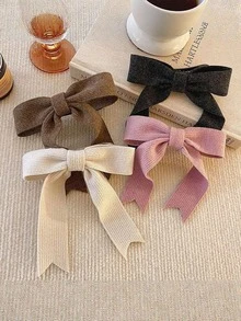 4/3pcs Girls Knitted Striped Bow Hairpins, Black Beige Brown, Versatile, Suitable For Daily Use, Clothing Accessories Claw Clip Hairpins, School Supplies - Multicolor - View 4