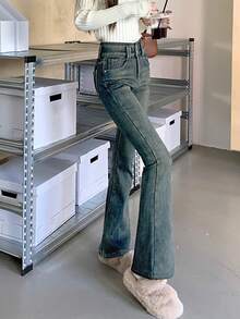 女式高腰修身喇叭牛仔裤，复古设计 - 藍色 - 查看 3