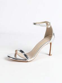 Sandalias de tacón alto y punta abierta con tira de tobillo, de estilo minimalista elegante y sexy, para vestidos de primavera y verano - Plateado - Ver 7