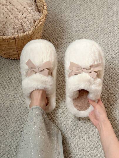 XIXITIAO Best-Selling Women's Bow -On Slippers, Soft Thick Sole, Fluffy, Sweet Girl Style, Suitable For Postpartum, Home, Office, Pink, Comfortable Indoor Shoes, Autumn/Winter