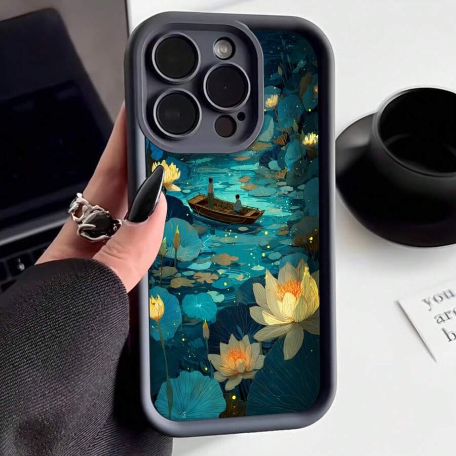 Cubierta de teléfono con diseño de loto y barco en estanque azul oscuro para iPhone 14 Pro Max funda protectora con impresión artística de flores acuáticas y luz nocturna ideal para uso diario y regalo - Negro - Ver 1