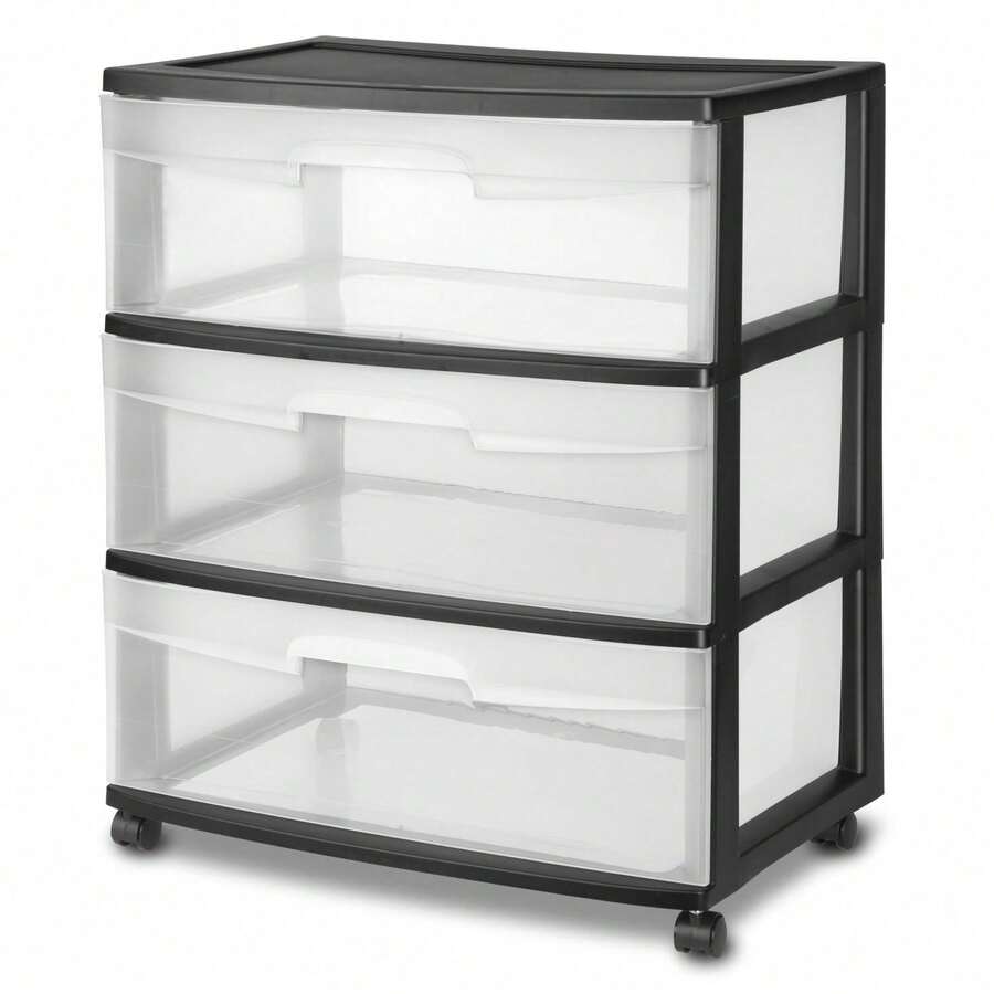 Wide 3 Drawer Cart, Clear Plastic Storage Drawers, Wheels Included, Black - Black - View 1
