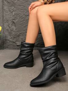 女士时尚舒适尖头/粗跟/拉链踝靴，新款秋冬中跟褶皱短靴 - 黑色 - 查看 15