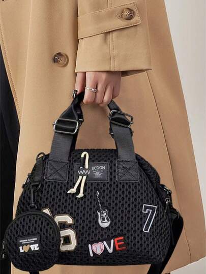 Y2K Fashionable And Personalized Street Sticker Tote Bag, Street Retro Nylon Mesh Shoulder Bag, Detachable Shoulder Strap, Women's Crossbody Bag Is A Great Holiday Gift