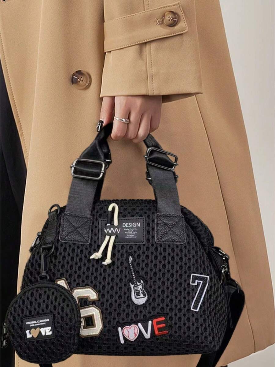 Y2K 时尚个性街头贴纸手提包，复古尼龙网眼单肩包，可拆卸肩带，女士斜挎包，是绝佳的节日礼物 - 黑色 - 查看 1