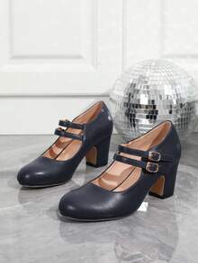 Autumn/Winter Wedding Casual Fashion High Heel Mary Jane T-Strap Shoes, Thick Heel Formal Dress Shoes, Velvet Work Pumps, Navy Blue Office Shoes, Outdoor Women's Shoes (Please Check Foot Length, Palm Circumference Parameters Before Purchasing) - 藍色 - 查看 6