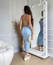 Midi Dress With Braided Back, Ribbed Modal Knit, Summer 2026, Beach Party - Baby Blue - View 4