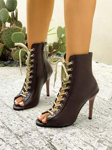 女士拉丁舞鞋 高跟露趾爵士舞鞋 性感交叉绑带露趾踝靴 侧拉链高跟细跟走秀鞋 派对鞋 舒适柔软透气皮革 多功能钢管舞鞋 - 棕色 - 查看 1