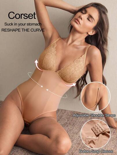 1 pièce Soutien-gorge sculptant à col V profond sans couture en dentelle, gaine corporelle efficace convenant pour les mariages et les fêtes