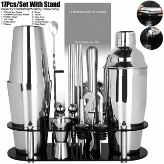 KCJLHGT 2-17Pcs Cocktail Shaker Set 750ml(25oz), 750/600ml(25/20oz) Bartending Kit Bar Shakers Tools Bartender Kit With Cocktail Recipe Stand For Family, Party. Bar Cocktail Accessories