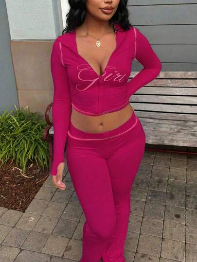 FQLWL Y2K Printed 2-Piece Casual Street Style Women's Outfit, Summer Long Sleeve Zip-Up Cropped Hoodie And Pants Set Spring