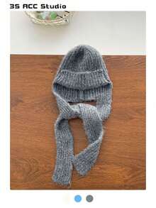 女士保暖针织拉法帽 - 围巾式一体护耳帽，亮蓝色 - 彩色 - 查看 15
