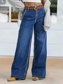 大码女式新款时尚口袋中腰弹力阔腿休闲直筒牛仔裤 春季款 - 藍色 - 查看 5