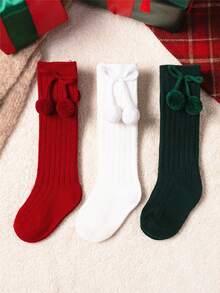 3 双/批 女婴圣诞袜 幼儿樱桃球风格纯色公主及膝袜 儿童柔软针织优雅毛球腿套袜 适合 0-3 岁 - 彩色 - 查看 1