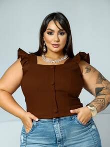 Women's Summer Plus Size Cropped Blouse With Ruffled Sleeves, Button Detail, Back Zipper, Curve Look, Sizes 44 To 54 - Óxido marrón - Ver 1