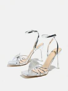 Women's High Heels, Fashion Rhinestone Triangle Design, Sexy Criss-Cross Strap, Square Toe, Electroplated Silver Color, Adjustable Ankle Strap, Soft Snakeskin Texture, Suitable For Spring/Summer, Night Party, Travel, Shopping, Gathering, Ball, Commuting, Runway, Elegant, Avant-Garde, Luxurious, Versatile With Autumn Outfits, High-End Banquet, Stylish Silver High Heel Sandals - Silver - View 5